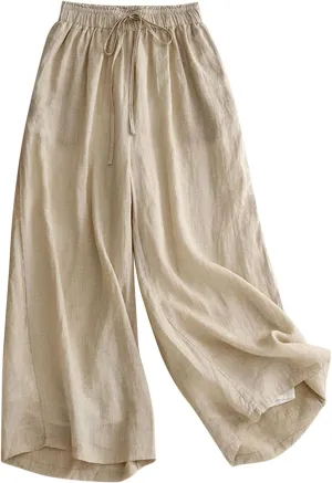 Women's Culottes Linen Cropped Pants with Pockets Wide Leg Pants Elastic Waist Casual Palazzo Trousers 2025 Fashion
