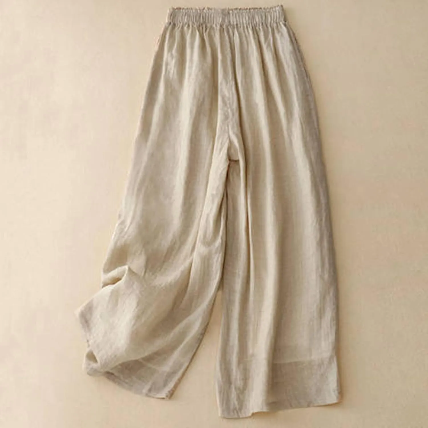Women's Culottes Linen Cropped Pants with Pockets Wide Leg Pants Elastic Waist Casual Palazzo Trousers 2025 Fashion