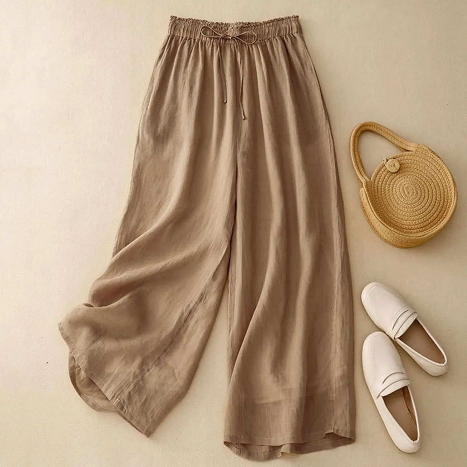 Women's Culottes Linen Cropped Pants with Pockets Wide Leg Pants Elastic Waist Casual Palazzo Trousers 2025 Fashion