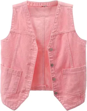 Womens Denim Vest Jean Vest Top for Women Cropped Denim Jacket Sleeveless V Neck Button Down Jean Coat with Pockets