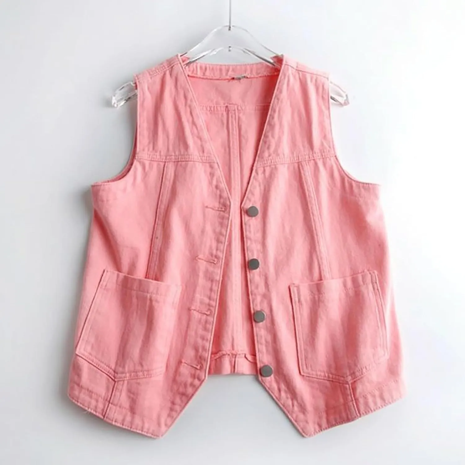 Womens Denim Vest Jean Vest Top for Women Cropped Denim Jacket Sleeveless V Neck Button Down Jean Coat with Pockets