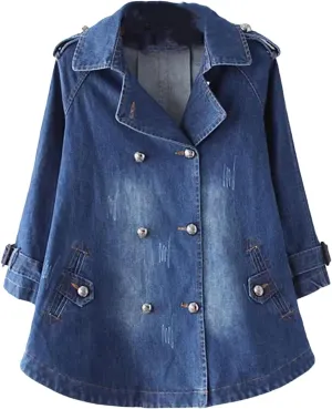 Women's Double Breasted Denim Jacket For Women Cape Denim Coat Vintage Washed Boyfriend Denim Jacket