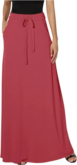 Women's Drawstring High Waist Maxi Skirts with Pockets Dressy Solid A Line Long Skirts Casual Slim Fit Pencil Skirt