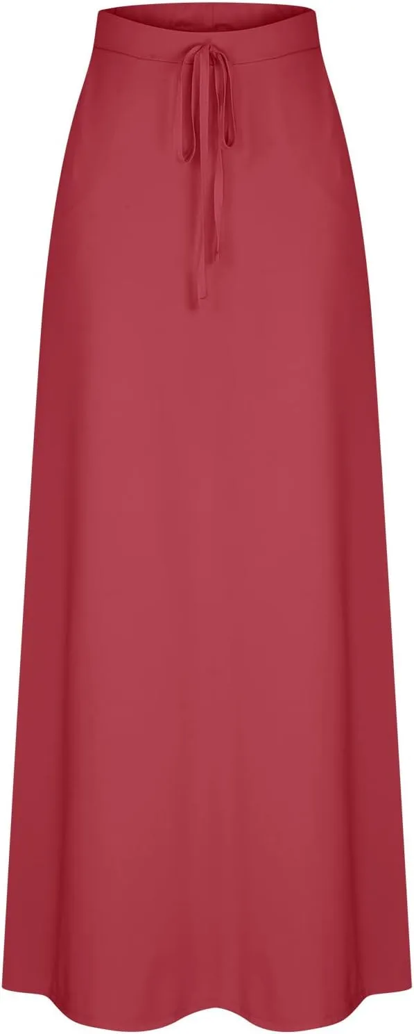 Women's Drawstring High Waist Maxi Skirts with Pockets Dressy Solid A Line Long Skirts Casual Slim Fit Pencil Skirt