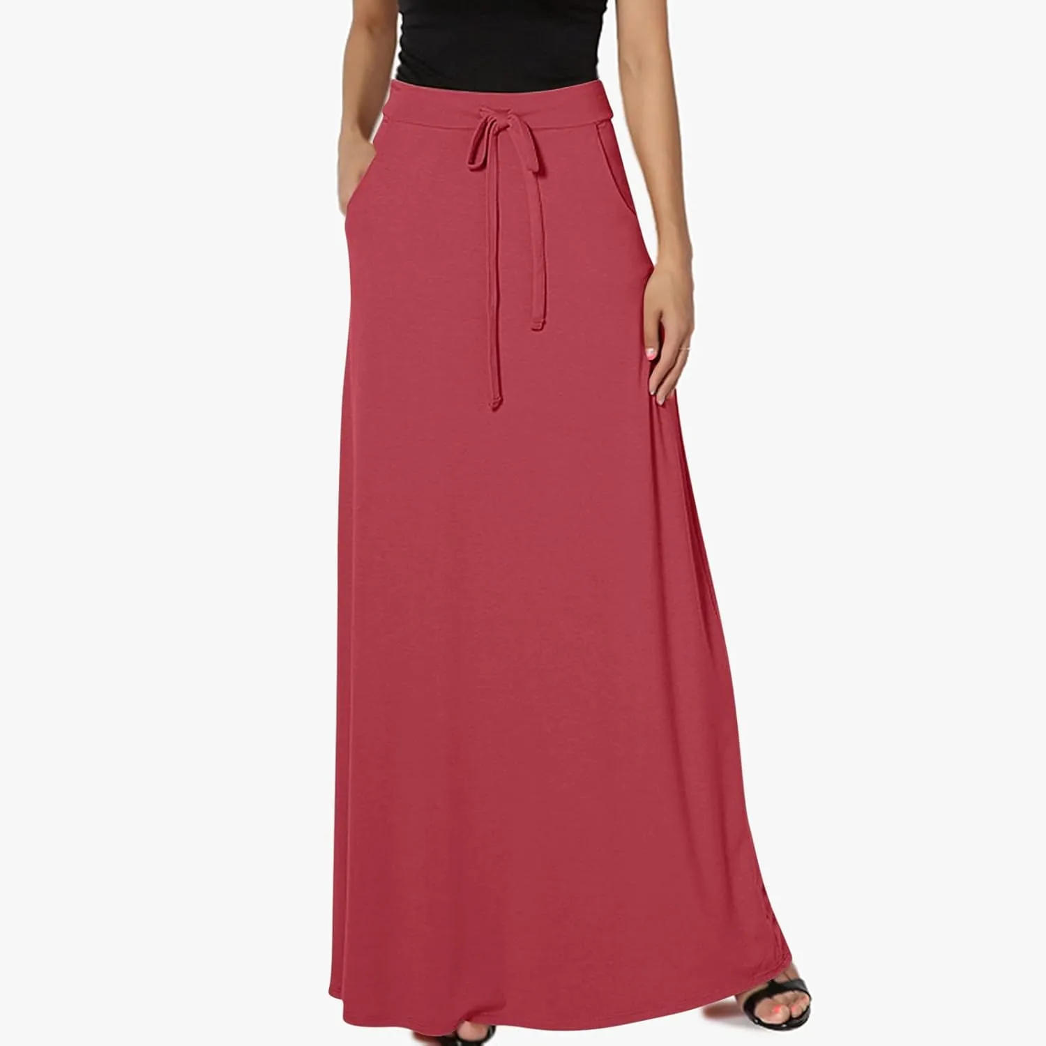 Women's Drawstring High Waist Maxi Skirts with Pockets Dressy Solid A Line Long Skirts Casual Slim Fit Pencil Skirt