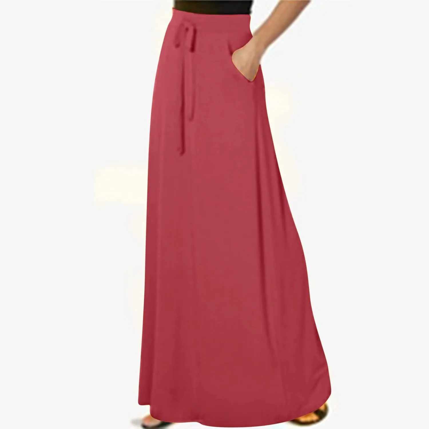 Women's Drawstring High Waist Maxi Skirts with Pockets Dressy Solid A Line Long Skirts Casual Slim Fit Pencil Skirt