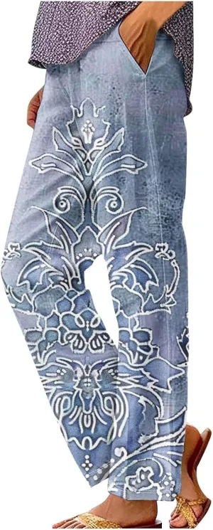 Womens Drawstring Linen Pants Summer Elastic Pants for Women Trendy Pants Work Casual Cropped