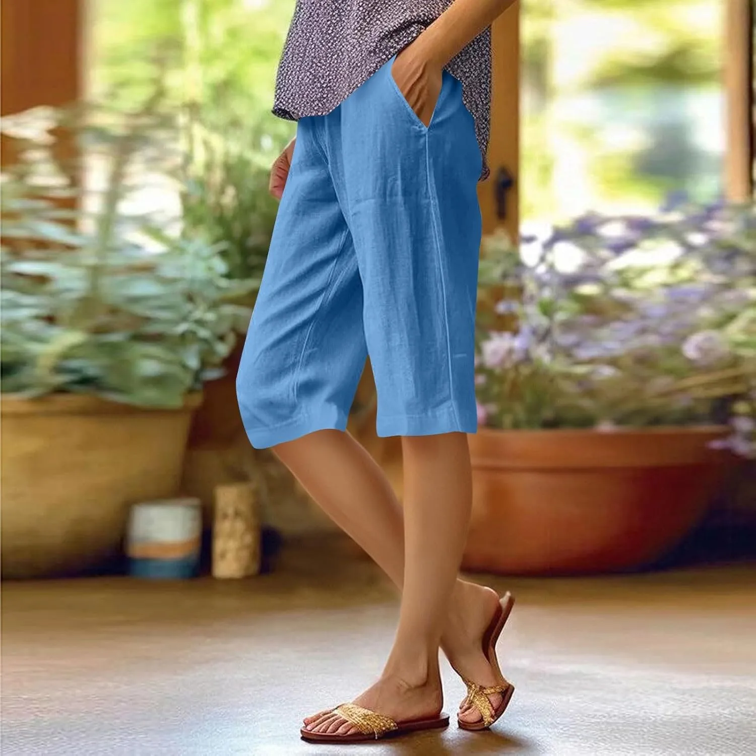 Womens Drawstring Linen Pants Summer Elastic Pants for Women Trendy Pants Work Casual Cropped