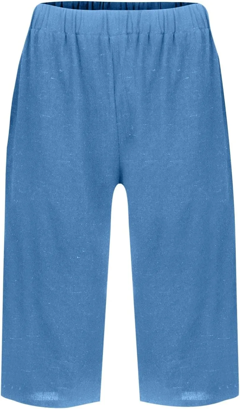 Womens Drawstring Linen Pants Summer Elastic Pants for Women Trendy Pants Work Casual Cropped