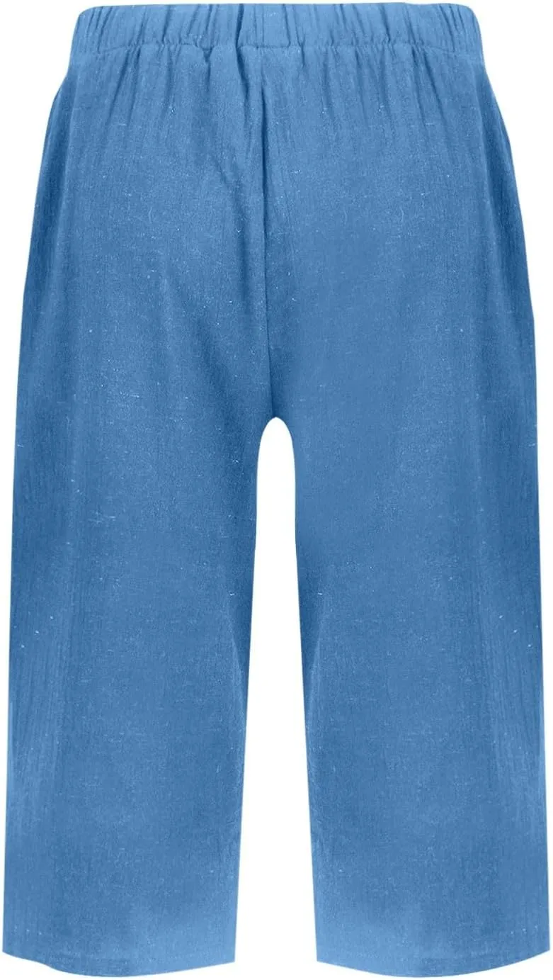 Womens Drawstring Linen Pants Summer Elastic Pants for Women Trendy Pants Work Casual Cropped
