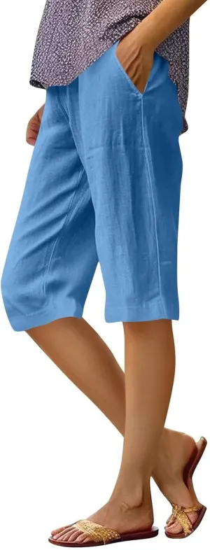 Womens Drawstring Linen Pants Summer Elastic Pants for Women Trendy Pants Work Casual Cropped