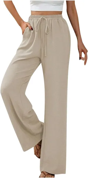 Women's Elastic Waist Drawstring Casual Pants Straight Tube Wide Leg Lightweight Loose Fit Solid Trousers with Pockets