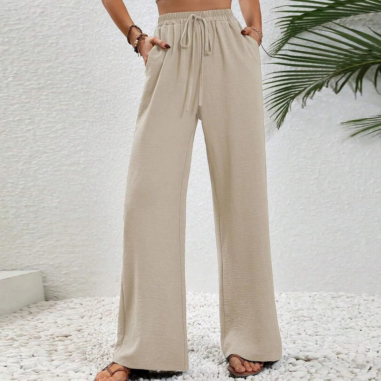 Women's Elastic Waist Drawstring Casual Pants Straight Tube Wide Leg Lightweight Loose Fit Solid Trousers with Pockets