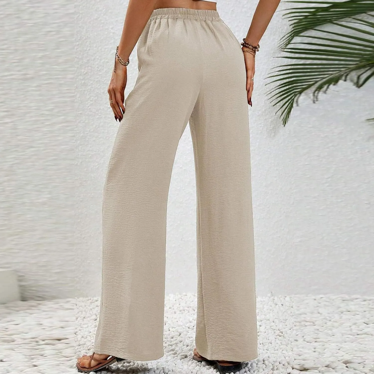 Women's Elastic Waist Drawstring Casual Pants Straight Tube Wide Leg Lightweight Loose Fit Solid Trousers with Pockets