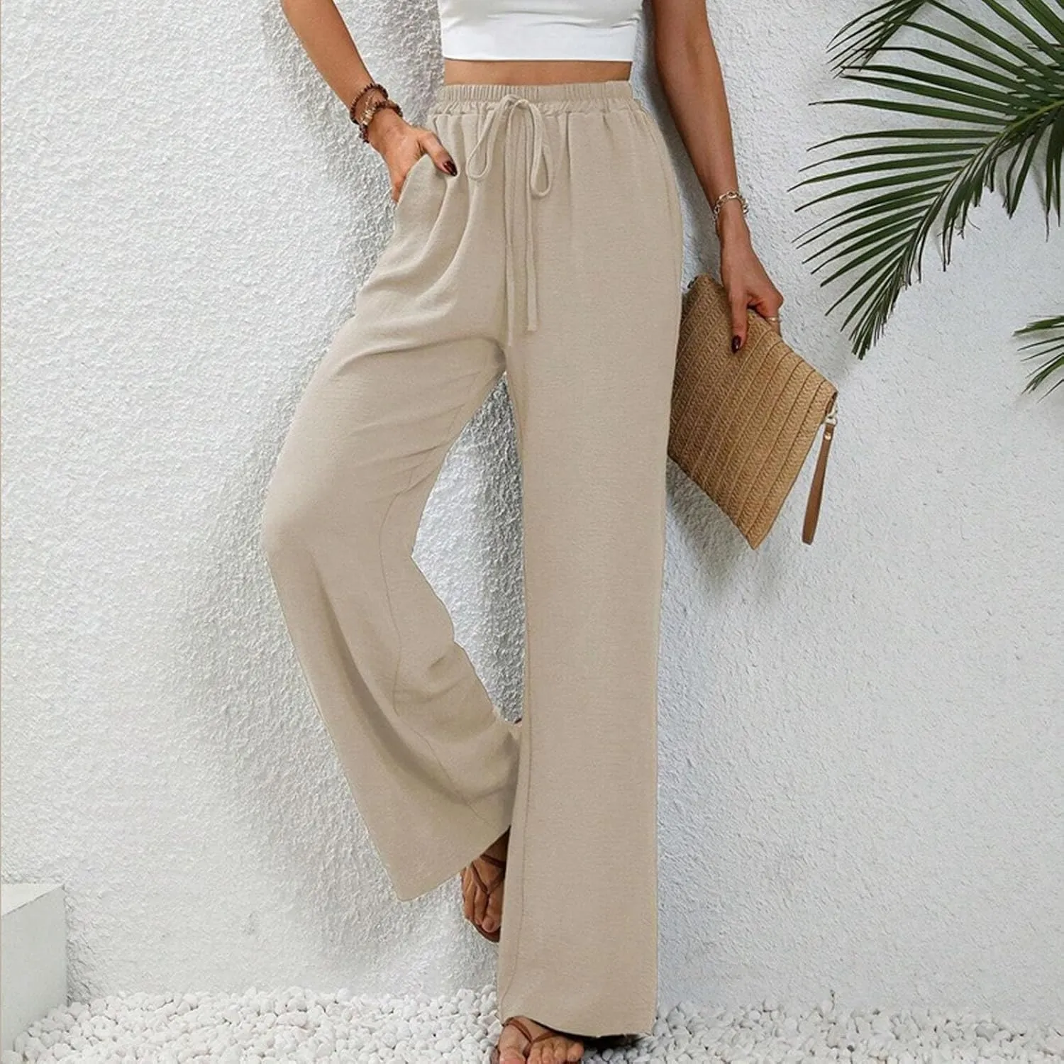 Women's Elastic Waist Drawstring Casual Pants Straight Tube Wide Leg Lightweight Loose Fit Solid Trousers with Pockets