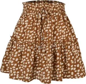 Womens Fashion Elastic Waist Flared Short Skirt Floral Print Pleated High Waist Mini Skater Skirt with Drawstring
