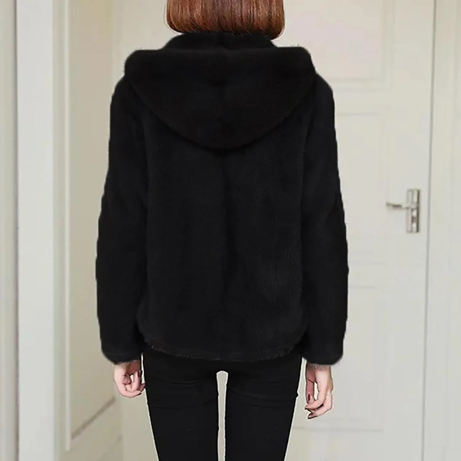 Women's Faux Fur Coat Fluffy Fuzzy Hooded Jacket Plus Size Fleece Lined Warm Coats Zip Up Winter Outerwear with Hood