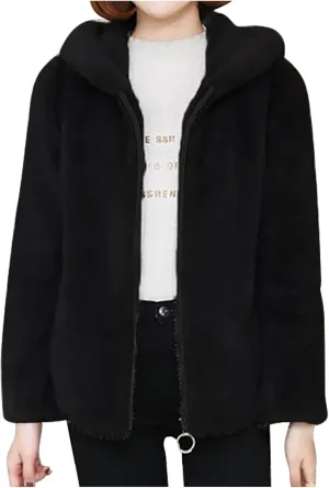 Women's Faux Fur Coat Fluffy Fuzzy Hooded Jacket Plus Size Fleece Lined Warm Coats Zip Up Winter Outerwear with Hood