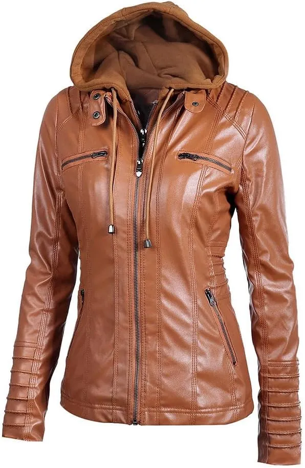Womens Faux Leather Jacket Lambskin Bomber Leather Jacket Casual Moto Biker Zip up Coat with Removeable Hood
