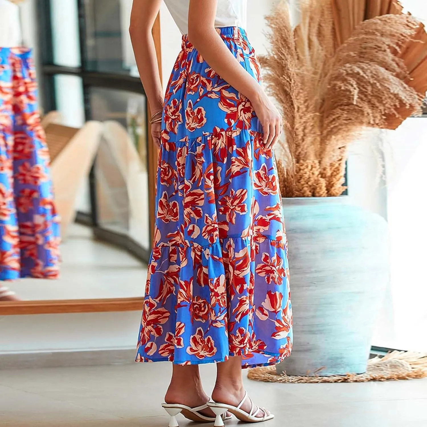 Womens Floral Print Maxi Skirts Fashion Tiered Split Skirt Summer Boho Beach Flowy Swing Bottom Vacation Clothes 2025