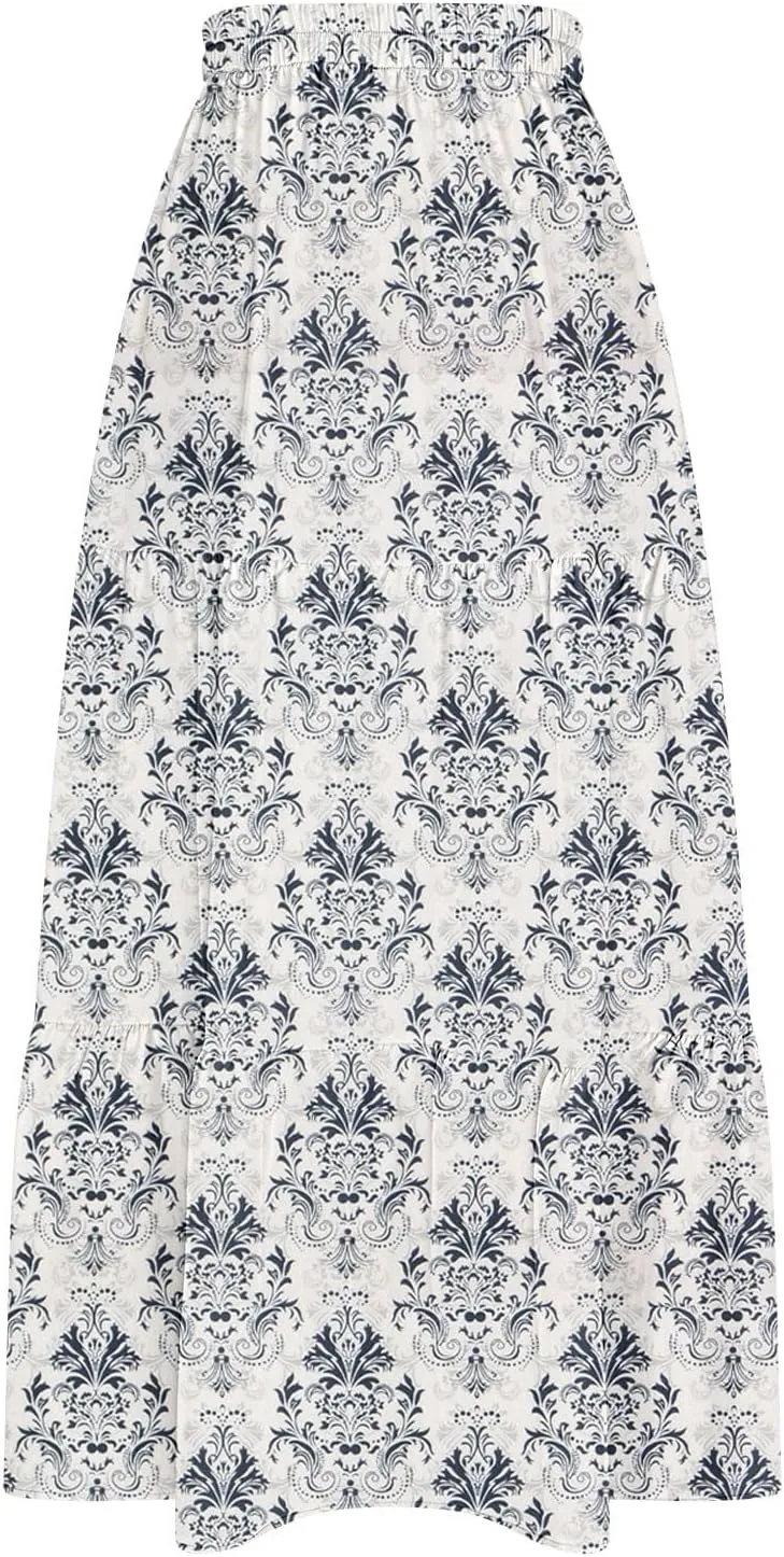 Womens Floral Print Maxi Skirts Fashion Tiered Split Skirt Summer Boho Beach Flowy Swing Bottom Vacation Clothes 2025