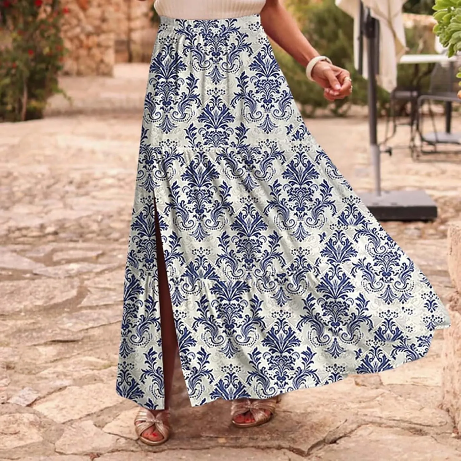 Womens Floral Print Maxi Skirts Fashion Tiered Split Skirt Summer Boho Beach Flowy Swing Bottom Vacation Clothes 2025