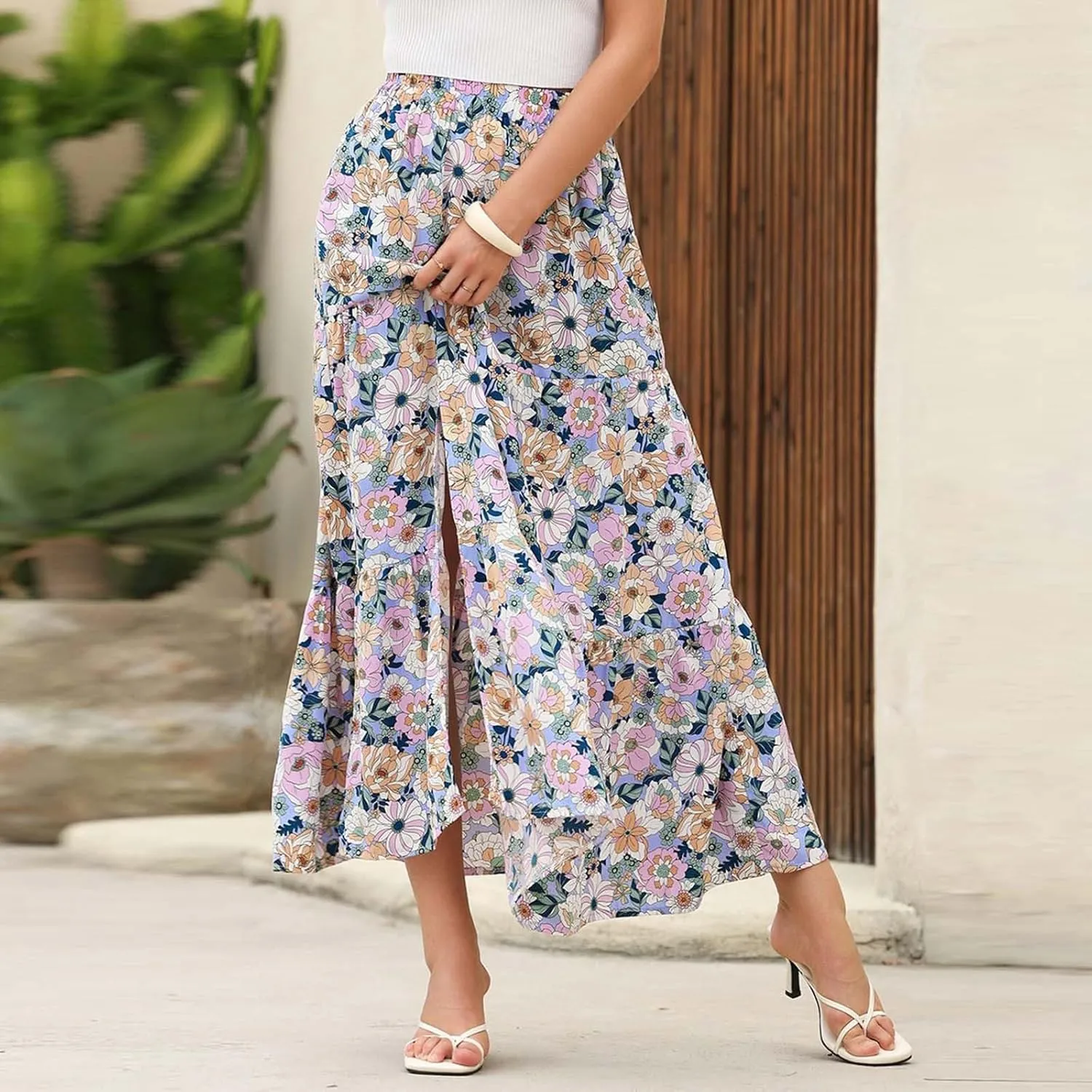 Womens Floral Print Maxi Skirts Fashion Tiered Split Skirt Summer Boho Beach Flowy Swing Bottom Vacation Clothes 2025