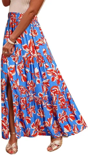 Womens Floral Print Maxi Skirts Fashion Tiered Split Skirt Summer Boho Beach Flowy Swing Bottom Vacation Clothes 2025