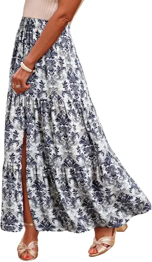 Womens Floral Print Maxi Skirts Fashion Tiered Split Skirt Summer Boho Beach Flowy Swing Bottom Vacation Clothes 2025