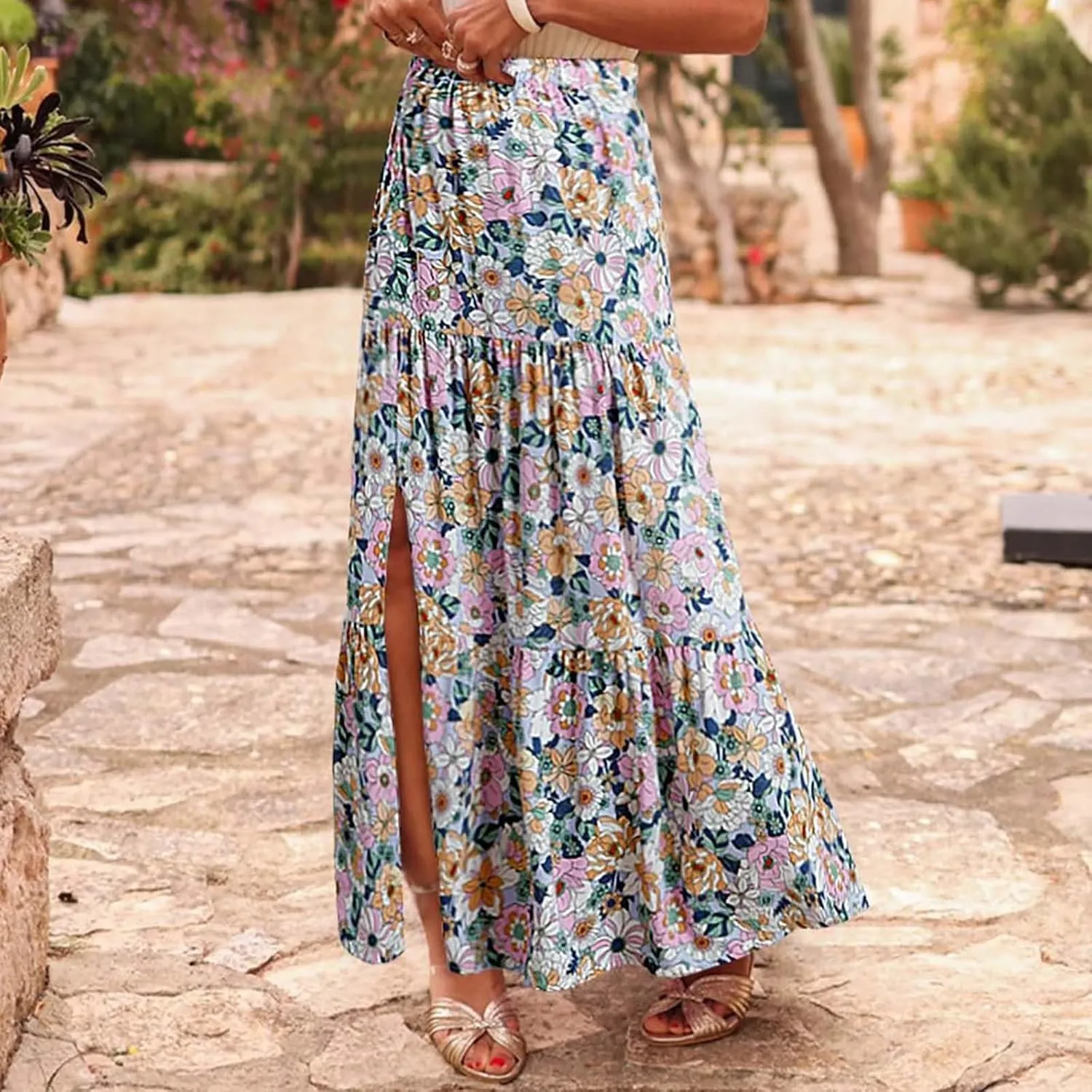 Womens Floral Print Maxi Skirts Fashion Tiered Split Skirt Summer Boho Beach Flowy Swing Bottom Vacation Clothes 2025