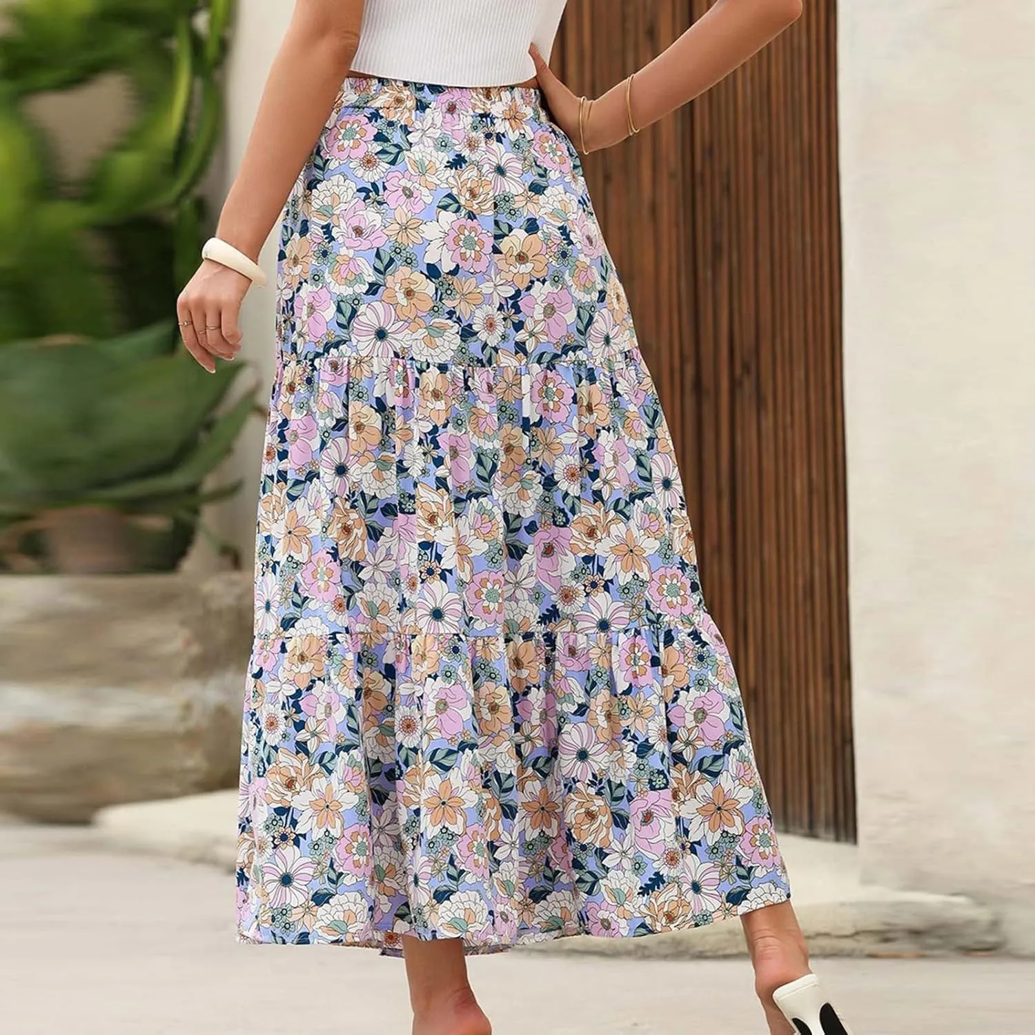 Womens Floral Print Maxi Skirts Fashion Tiered Split Skirt Summer Boho Beach Flowy Swing Bottom Vacation Clothes 2025