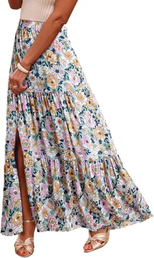 Womens Floral Print Maxi Skirts Fashion Tiered Split Skirt Summer Boho Beach Flowy Swing Bottom Vacation Clothes 2025