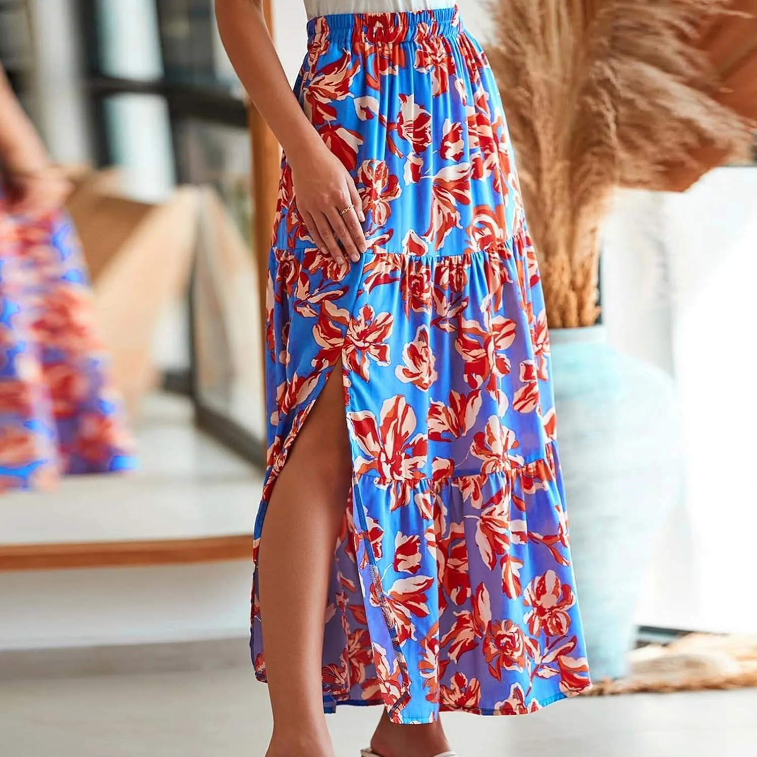 Womens Floral Print Maxi Skirts Fashion Tiered Split Skirt Summer Boho Beach Flowy Swing Bottom Vacation Clothes 2025