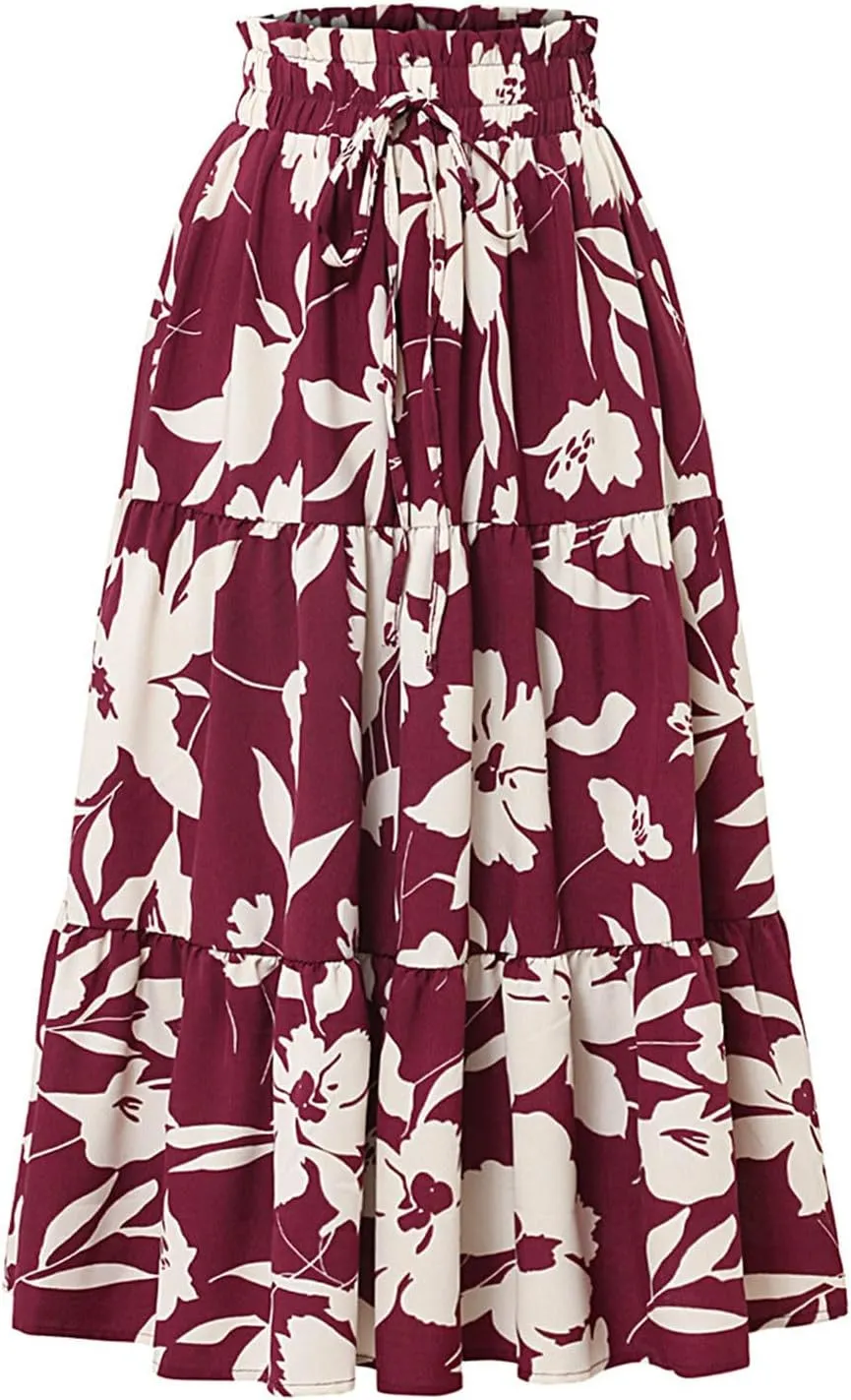 Women's Floral Print Maxi Skirts Summer Casual A Line Boho Beach Mini Skirt Elastic Waist Pleated Flowy Long Skirt