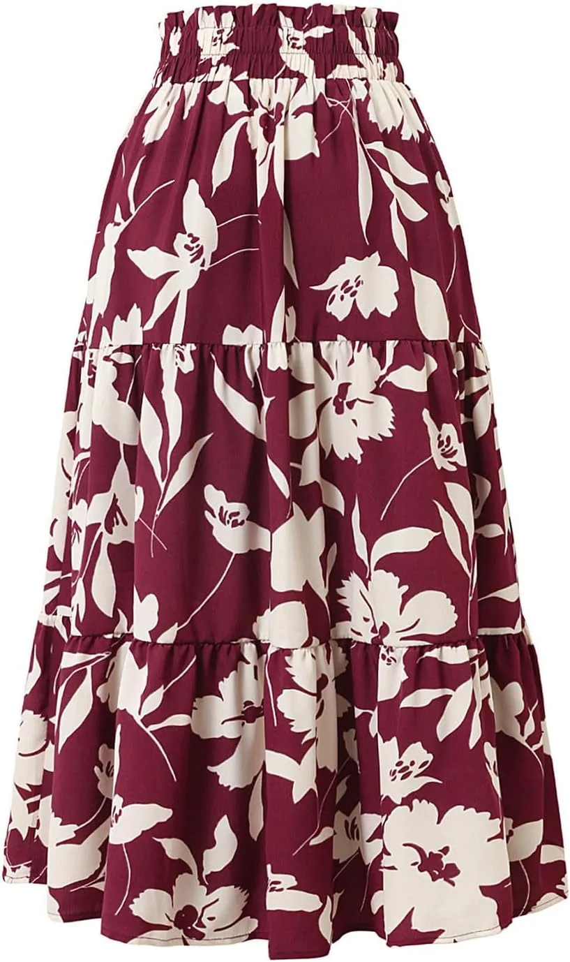 Women's Floral Print Maxi Skirts Summer Casual A Line Boho Beach Mini Skirt Elastic Waist Pleated Flowy Long Skirt