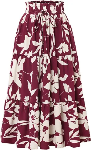 Women's Floral Print Maxi Skirts Summer Casual A Line Boho Beach Mini Skirt Elastic Waist Pleated Flowy Long Skirt