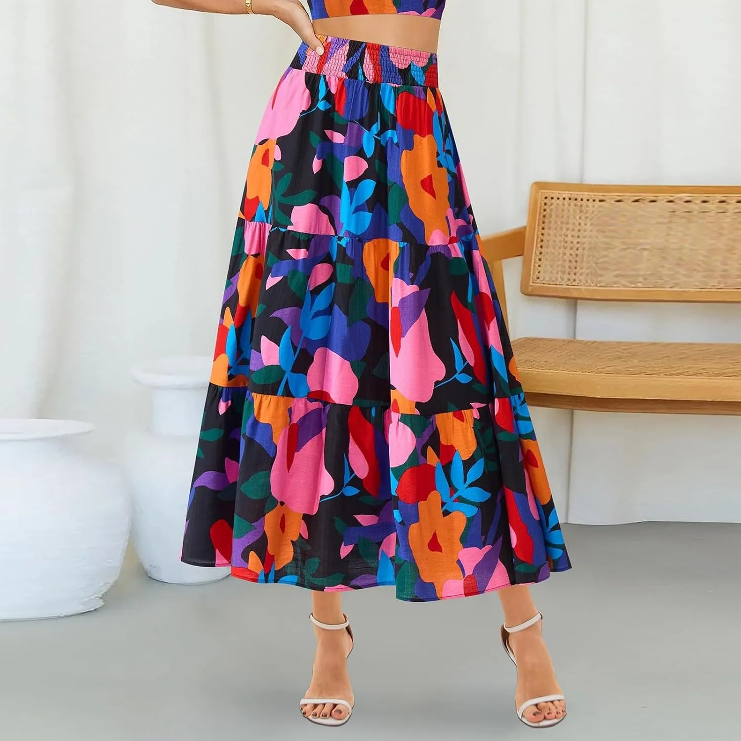 Women's Floral Print Midi Skirts 2025 Summer Aline Elastic High Waist Pleated Flowy Long Skirt Pockets Cute Skirts