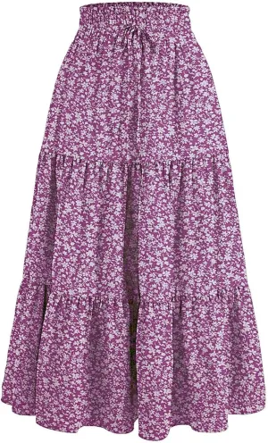 Womens Flowy Maxi Skirt Vintage Floral Print Drawstring High Waist Elastic A Line Boho Beach Holiday Long Skirts