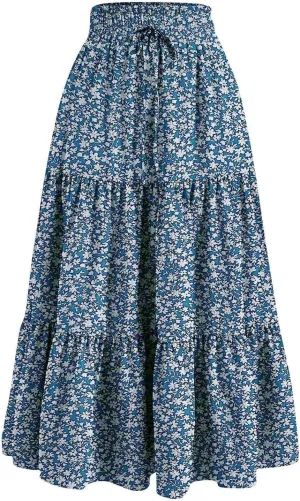 Womens Flowy Maxi Skirt Vintage Floral Print Drawstring High Waist Elastic A Line Boho Beach Holiday Long Skirts