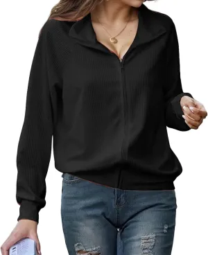 Womens Full Zip Up Jacket Casual Loose Knit Long Sleeve Sweatshirt Jackets Winter Lightweight Lapel Coat Outwear