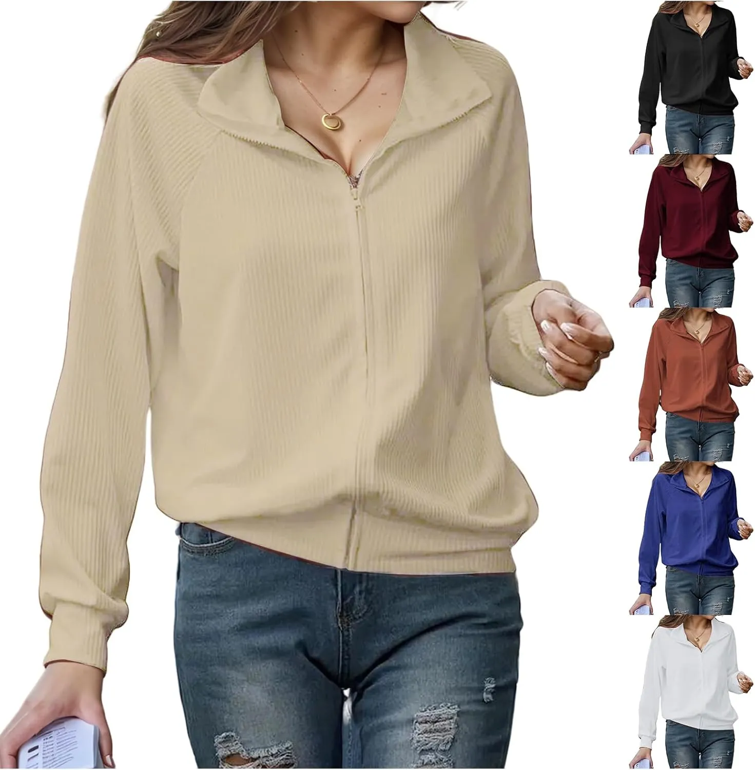 Womens Full Zip Up Jacket Casual Loose Knit Long Sleeve Sweatshirt Jackets Winter Lightweight Lapel Coat Outwear