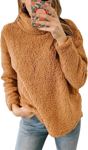 Womens Fuzzy Fleece Pullover Sherpa Sweatshirt Casual Long Sleeve Turtleneck Sweaters Loose Chunky Knit Tops