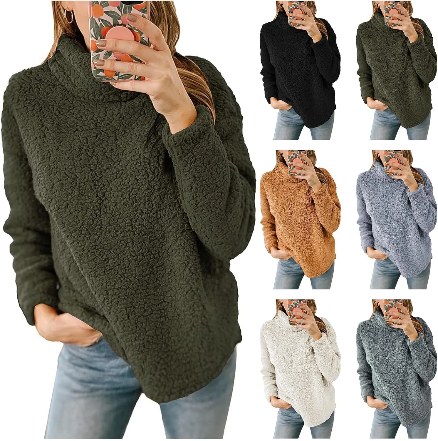 Womens Fuzzy Fleece Pullover Sherpa Sweatshirt Casual Long Sleeve Turtleneck Sweaters Loose Chunky Knit Tops