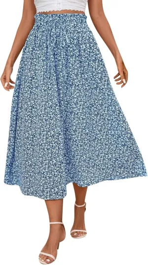 Women's High Elastic Waist Midi Skirt Summer Casual Trendy Flowy Floral Print A line Skirt Boho Beach Maxi Skirts