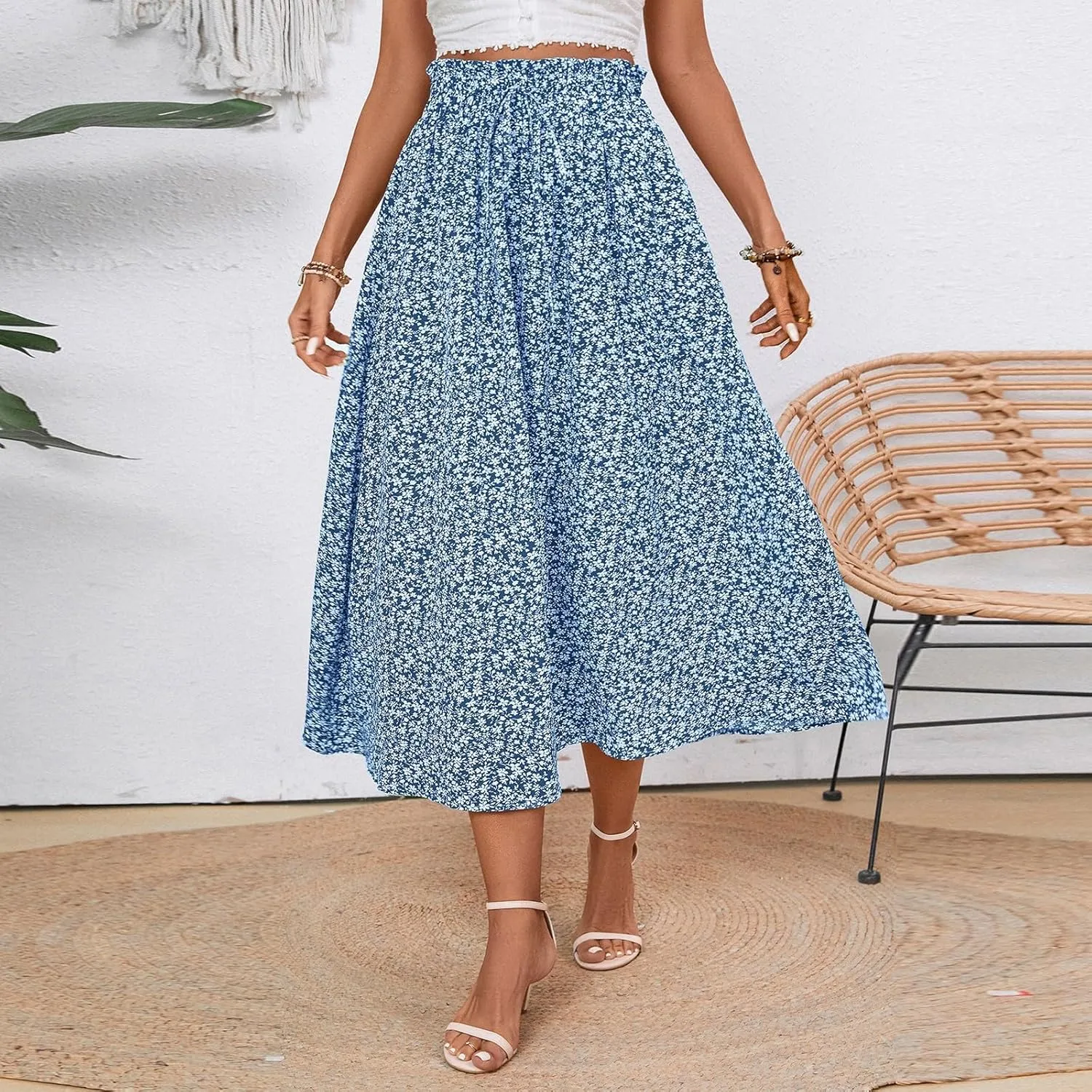 Women's High Elastic Waist Midi Skirt Summer Casual Trendy Flowy Floral Print A line Skirt Boho Beach Maxi Skirts