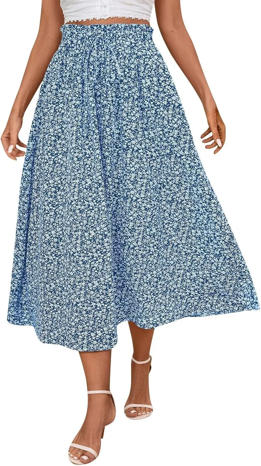 Women's High Elastic Waist Midi Skirt Summer Casual Trendy Flowy Floral Print A line Skirt Boho Beach Maxi Skirts