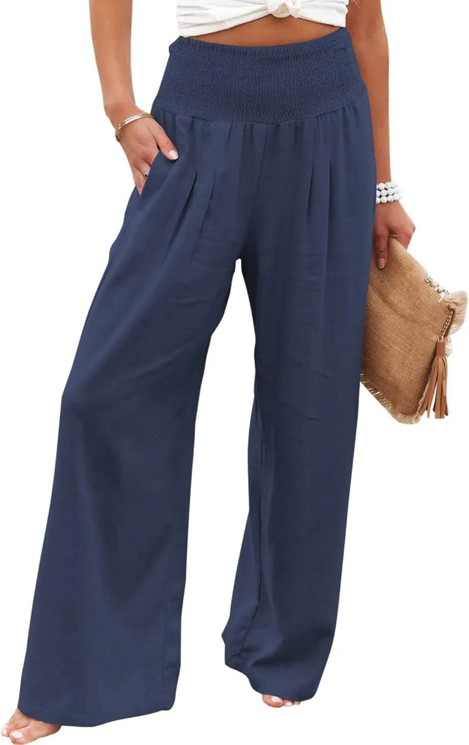 Womens High Waist Palazzo Linen Pants Wide Leg Casual Lightweight Trousers Summer Hawaii Beach Pants Vacation Outfits