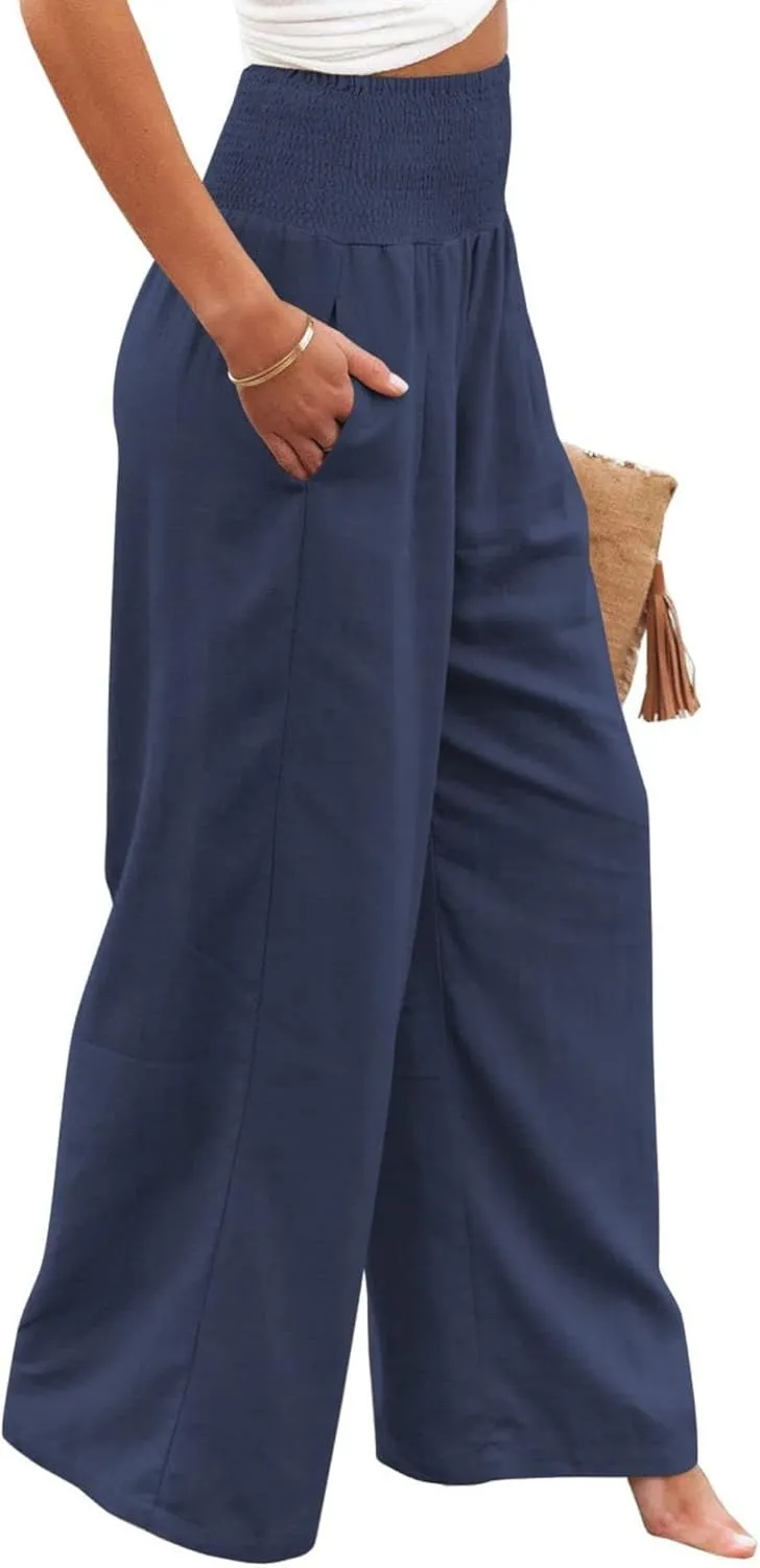 Womens High Waist Palazzo Linen Pants Wide Leg Casual Lightweight Trousers Summer Hawaii Beach Pants Vacation Outfits