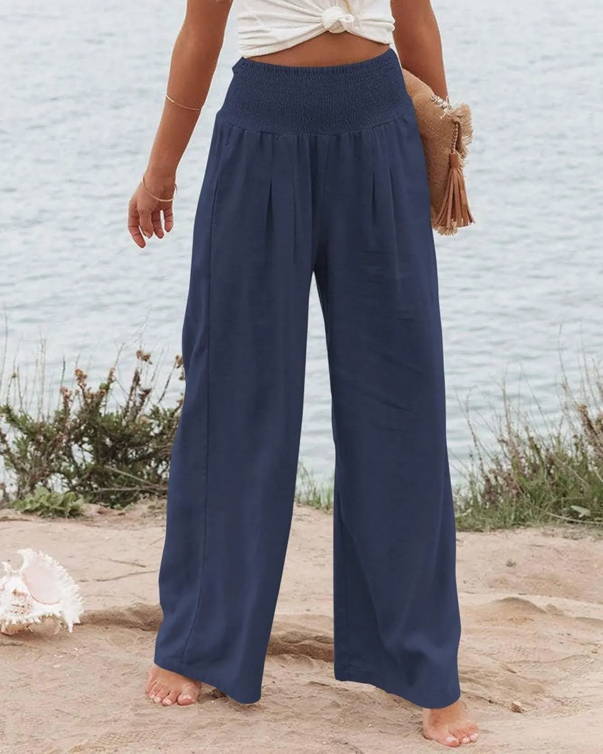 Womens High Waist Palazzo Linen Pants Wide Leg Casual Lightweight Trousers Summer Hawaii Beach Pants Vacation Outfits