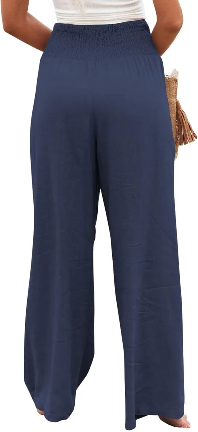 Womens High Waist Palazzo Linen Pants Wide Leg Casual Lightweight Trousers Summer Hawaii Beach Pants Vacation Outfits